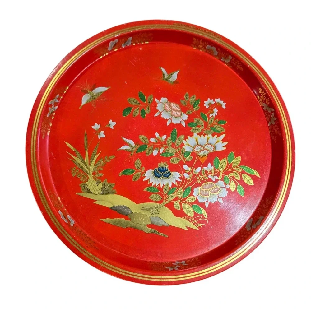 China Woods Floral Butterfly Round Metal‎ Tray Red Gold Made in England